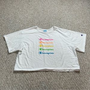Champion Cropped Logo Short Sleeve Womens XL Rainbow Tee T Shirt White Crewneck